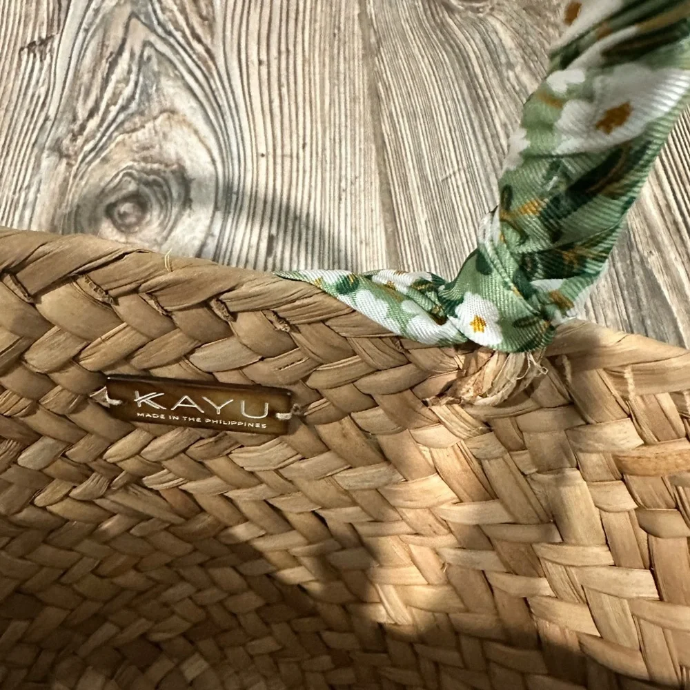 Kayu Green Floral Mini Natalie Woven Straw Tote with Green Scarf-Handle